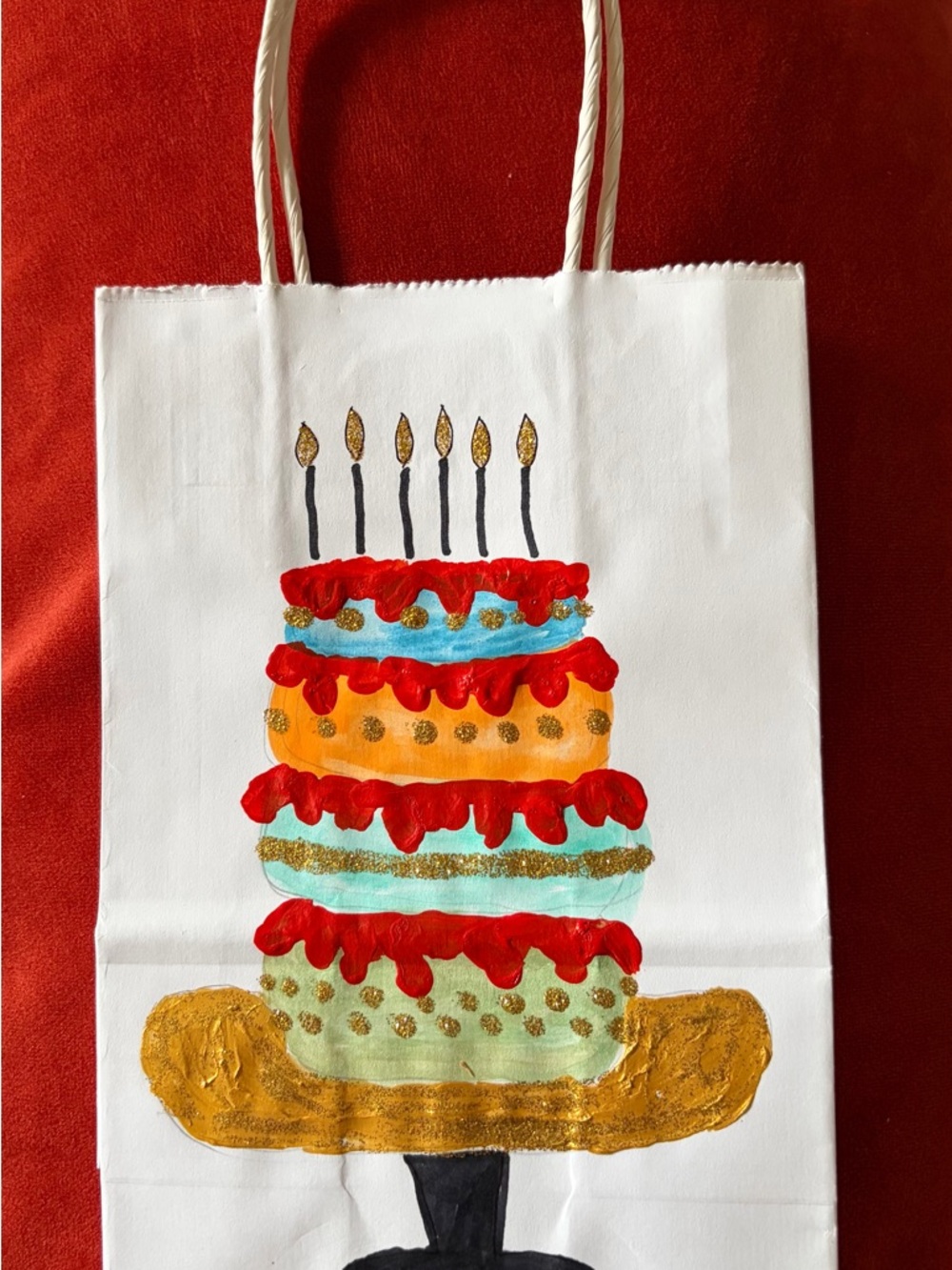 White Party Gift Bag with Colorful Layered Cake Design 8.5x5inches